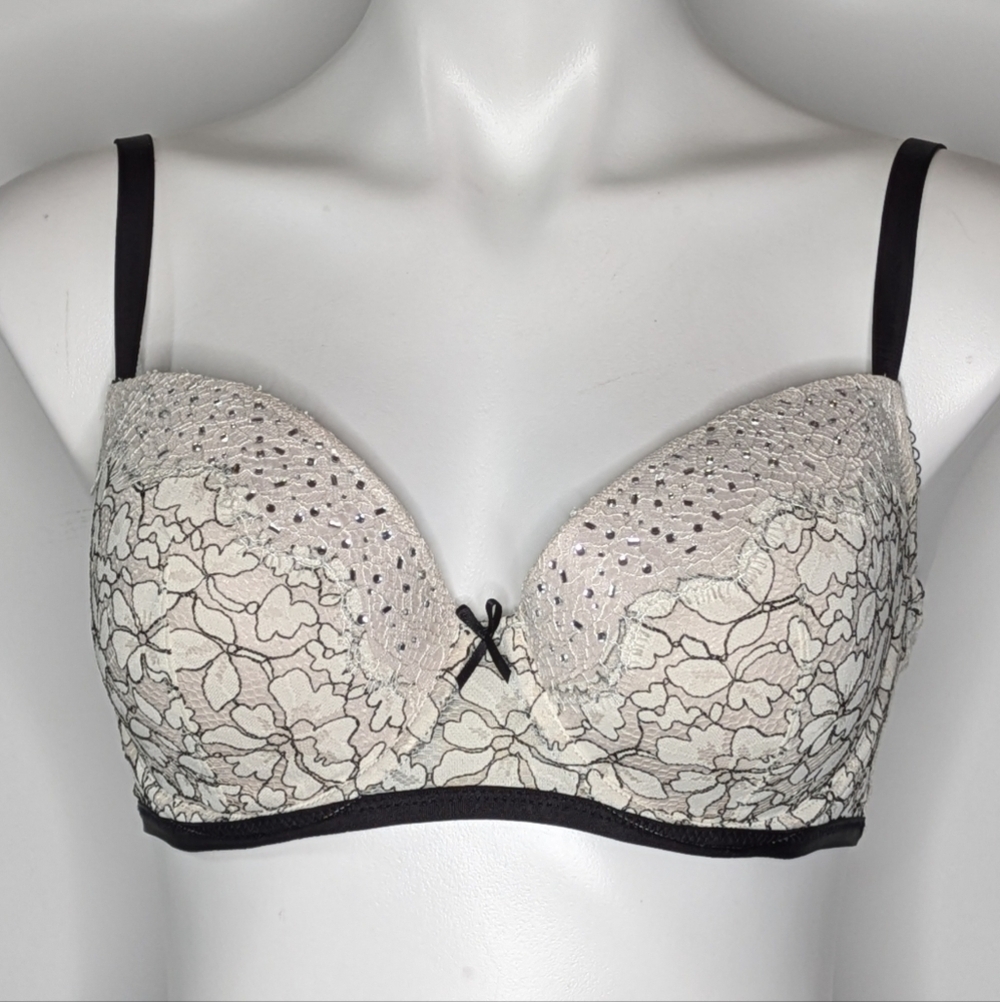 Victoria's Secret White Black Lace Rhinestone Dream Angels Lined Demi Bra 34DD
